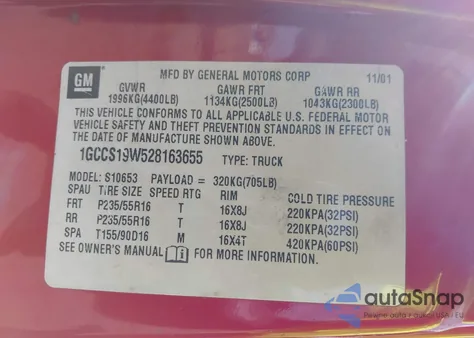 2002 Chevrolet S-10 Ls from USA, damaged, VIN 1GCCS19W528163655